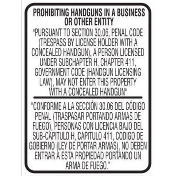 Accuform PROHIBITING HANDGUNS in A BUSINESS OR OTHER ENTITY CONFORME A LA SECCION 3006 TEXAS, Aluminum MACC527VA - main